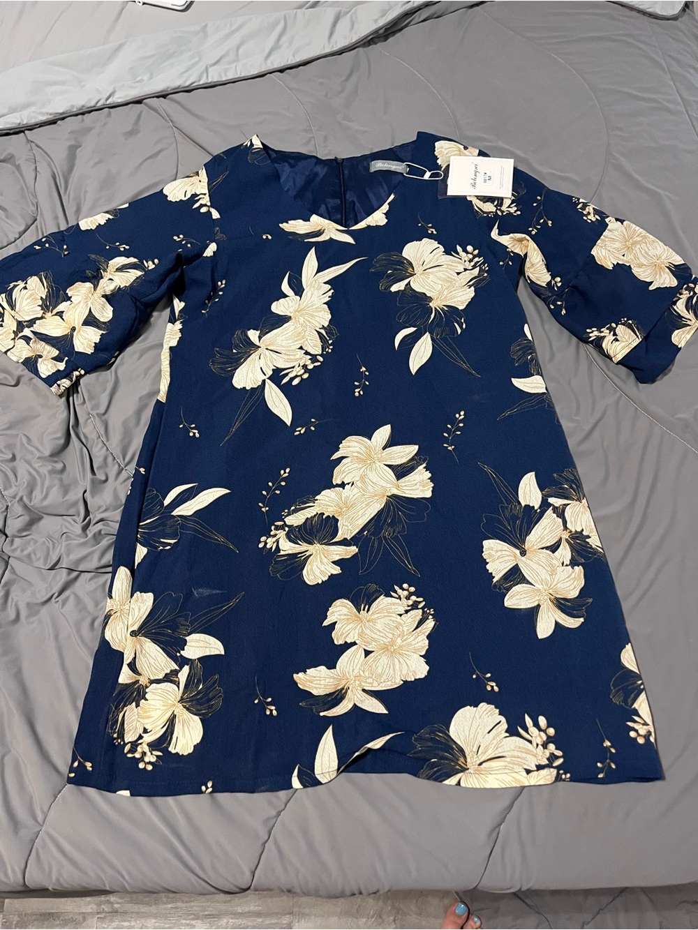Women’s Navy Blue Floral Dress with Cream Blossoms